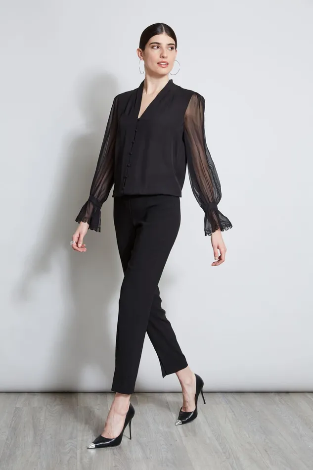 Outlet 8211 Women Tops Elie Tahari Embroidered Sleeve Blouson Shirt Black