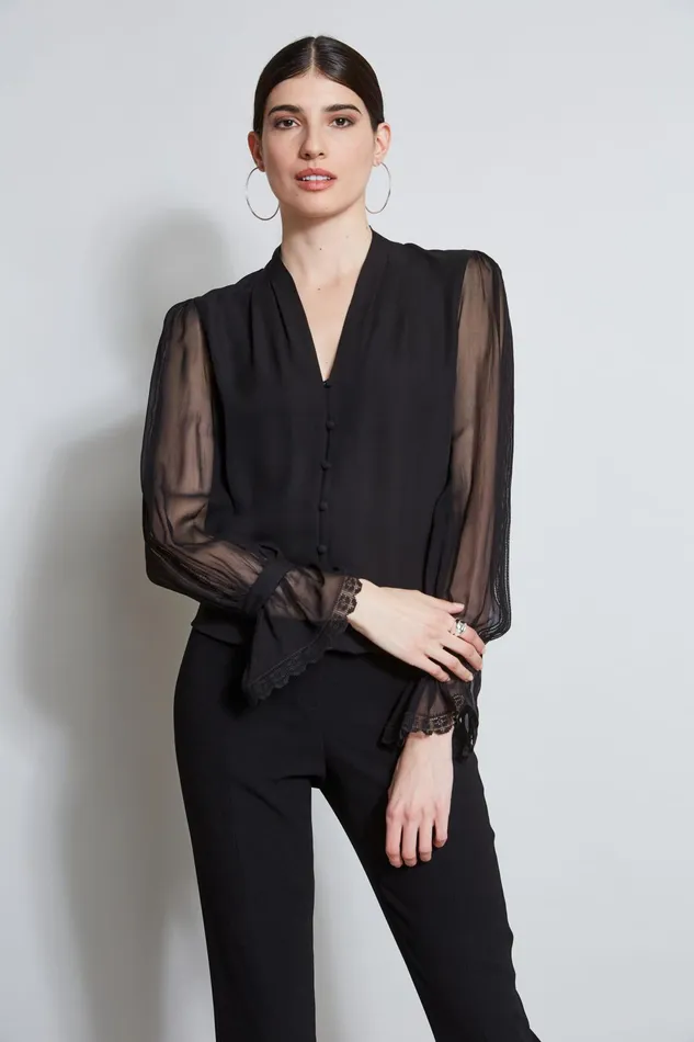 Outlet 8211 Women Tops Elie Tahari Embroidered Sleeve Blouson Shirt Black