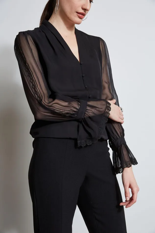 Outlet 8211 Women Tops Elie Tahari Embroidered Sleeve Blouson Shirt Black