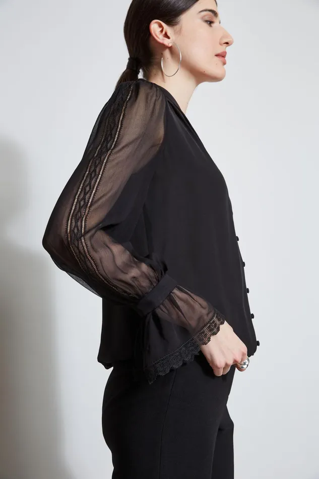 Outlet 8211 Women Tops Elie Tahari Embroidered Sleeve Blouson Shirt Black