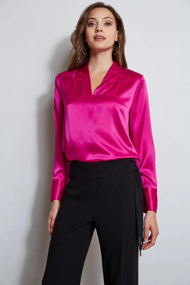 Outlet 8211 Women Tops Elie Tahari Silk Satin Contour Neck Shirt Electric Pink