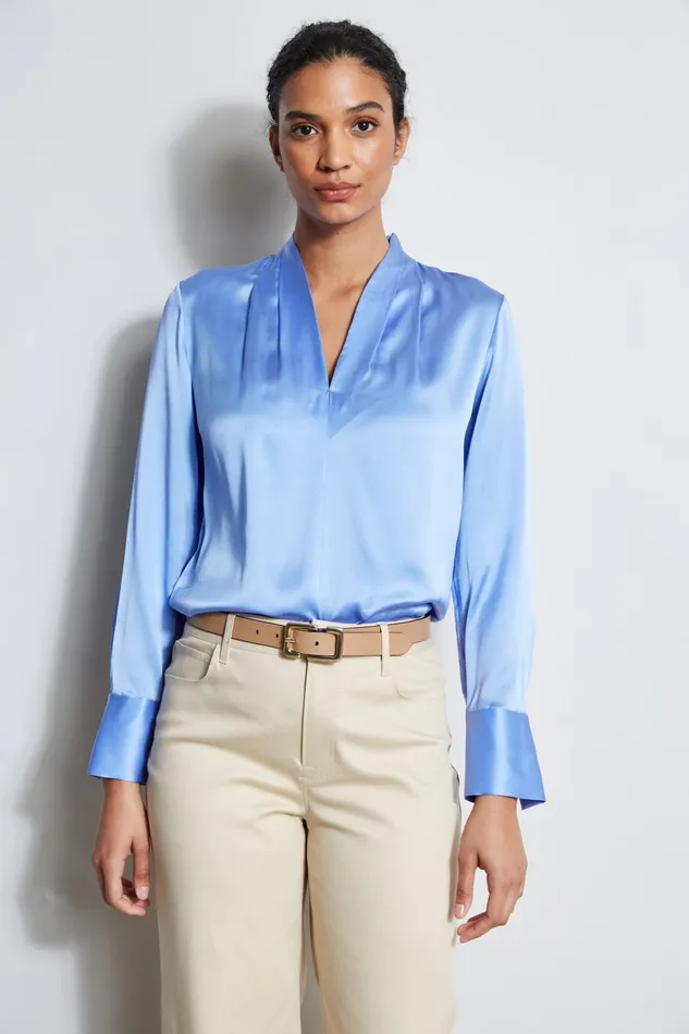 Outlet 8211 Women Tops Elie Tahari Silk Satin Contour Neck Shirt Horizon Blue