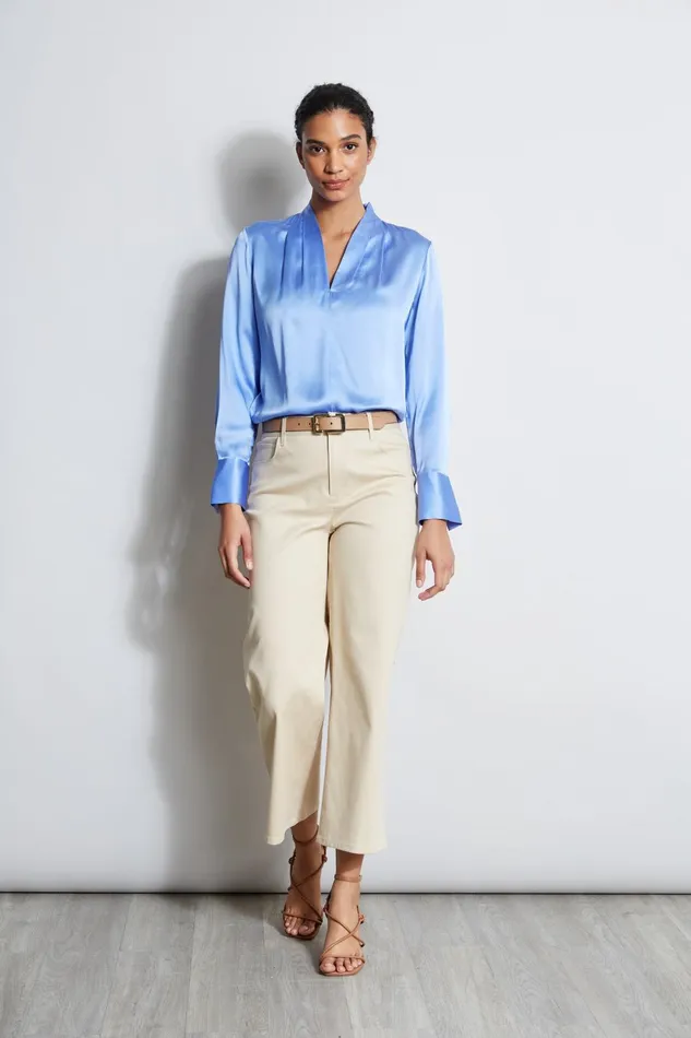 Outlet 8211 Women Tops Elie Tahari Silk Satin Contour Neck Shirt Horizon Blue
