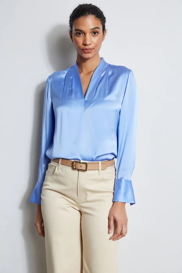Outlet 8211 Women Tops Elie Tahari Silk Satin Contour Neck Shirt Horizon Blue