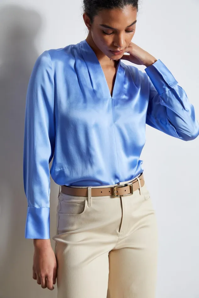 Outlet 8211 Women Tops Elie Tahari Silk Satin Contour Neck Shirt Horizon Blue
