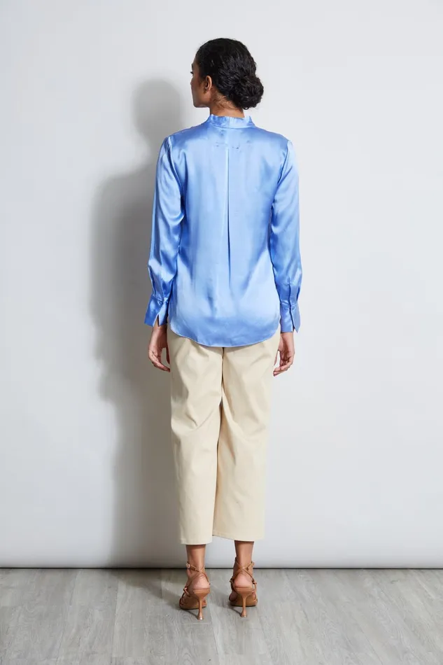 Outlet 8211 Women Tops Elie Tahari Silk Satin Contour Neck Shirt Horizon Blue