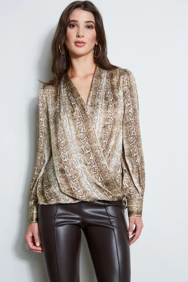 Outlet 8211 Women Tops Elie Tahari Silk Satin Python Draped Shirt Multi