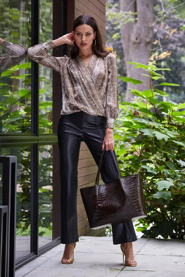 Outlet 8211 Women Tops Elie Tahari Silk Satin Python Draped Shirt Multi