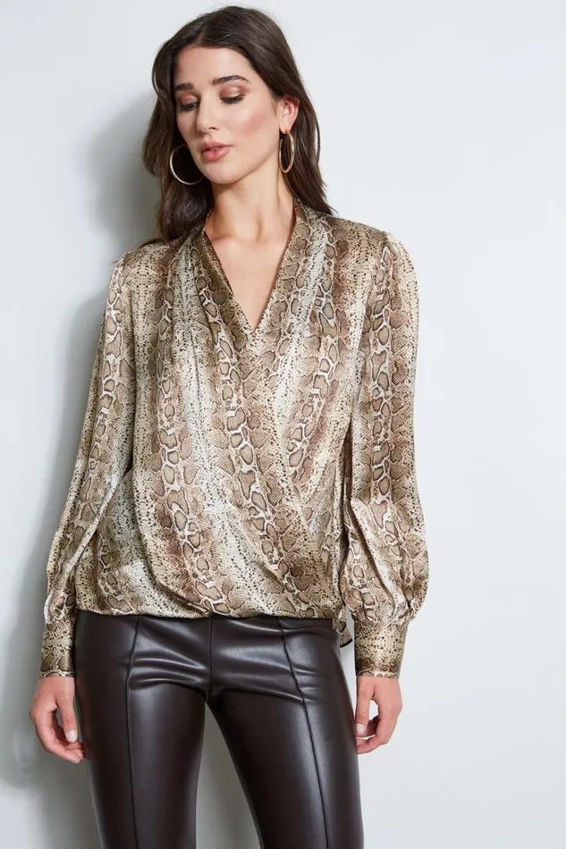 Outlet 8211 Women Tops Elie Tahari Silk Satin Python Draped Shirt Multi