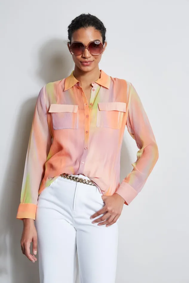Outlet 8211 Women Tops Elie Tahari Silk Sunrise Utility Shirt Multi