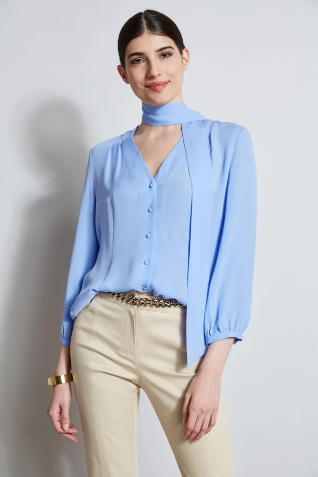 Outlet 8211 Women Tops Elie Tahari Silk Tie Button Shirt Horizon Blue