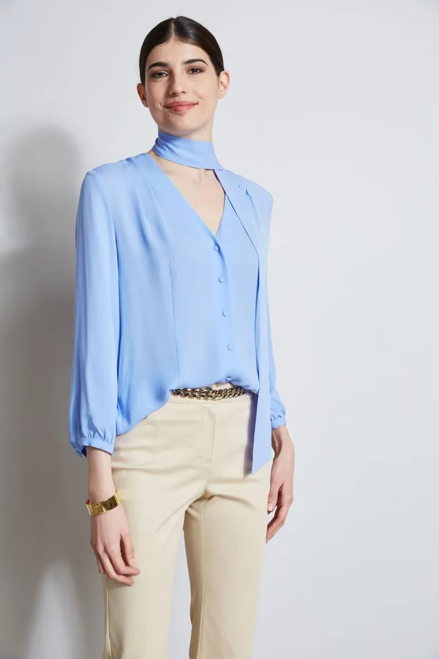 Outlet 8211 Women Tops Elie Tahari Silk Tie Button Shirt Horizon Blue
