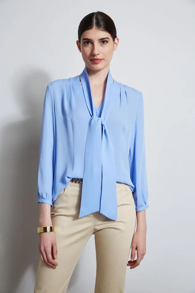 Outlet 8211 Women Tops Elie Tahari Silk Tie Button Shirt Horizon Blue