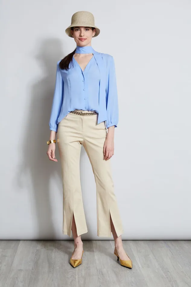 Outlet 8211 Women Tops Elie Tahari Silk Tie Button Shirt Horizon Blue