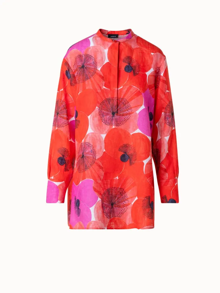 Oversize Linen Tunic Blouse With Poppy Print Poppy Women Akris Blouses