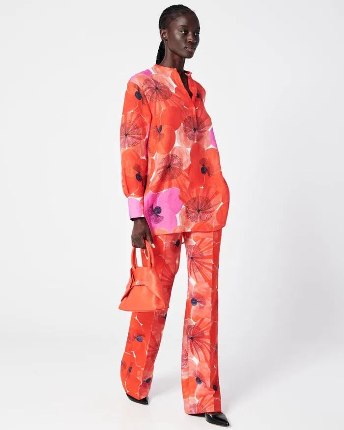 Oversize Linen Tunic Blouse With Poppy Print Poppy Women Akris Blouses