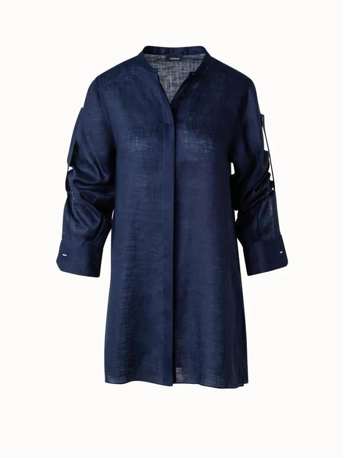 Oversized Linen Tunic Blouse Navy Women Akris Blouses