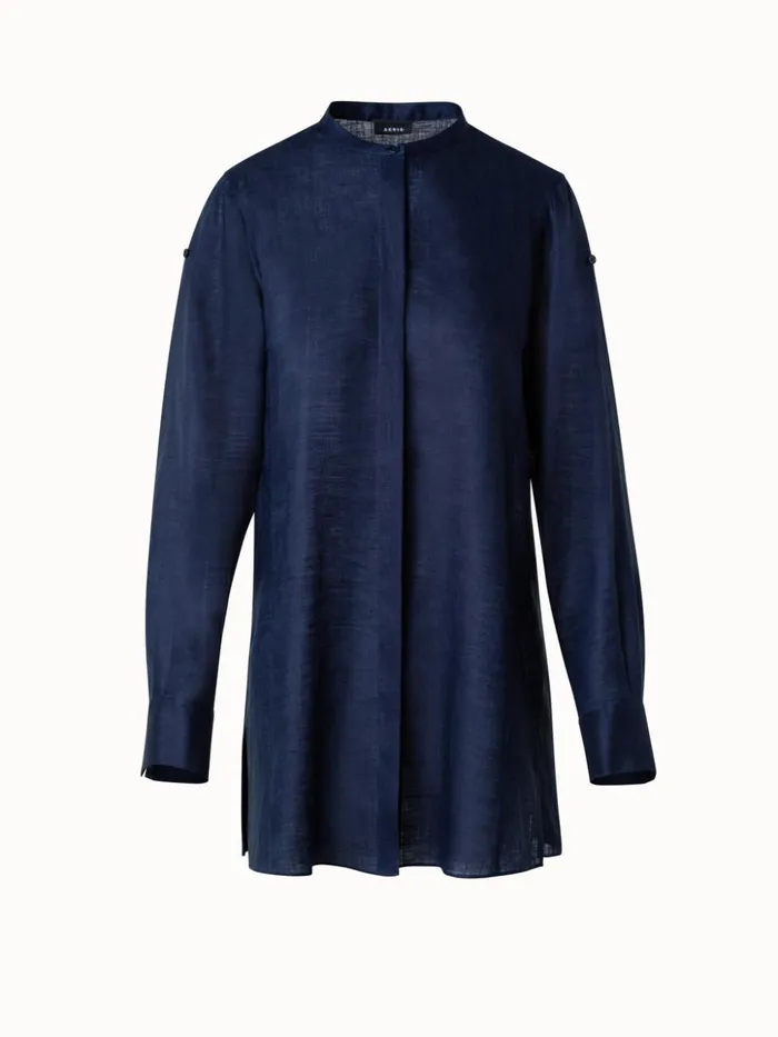 Oversized Linen Tunic Blouse Navy Women Akris Blouses