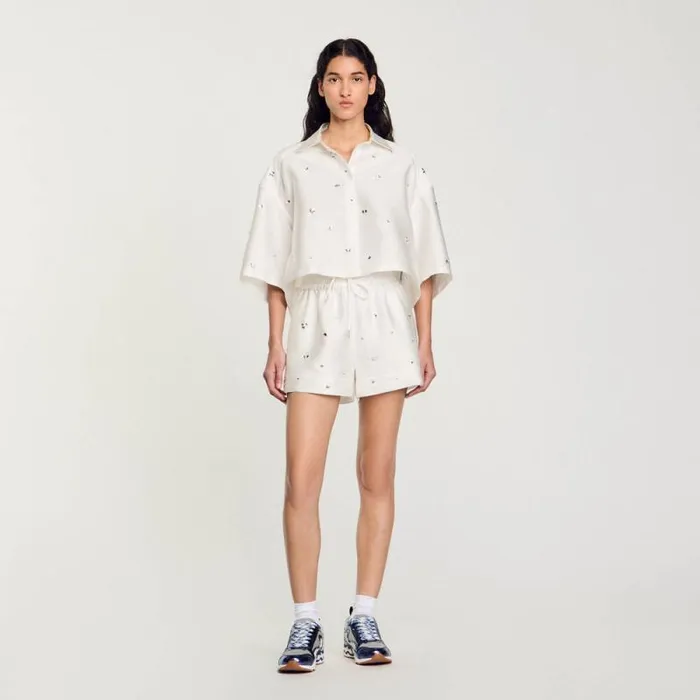 Pants and Shorts Women SANDRO Rhinestone Wideleg Shorts White