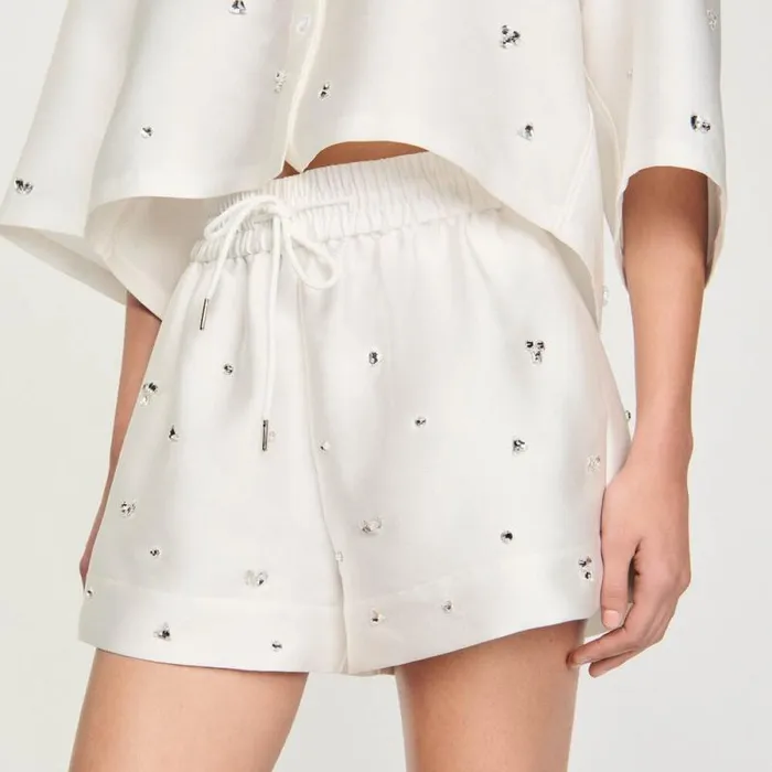 Pants and Shorts Women SANDRO Rhinestone Wideleg Shorts White