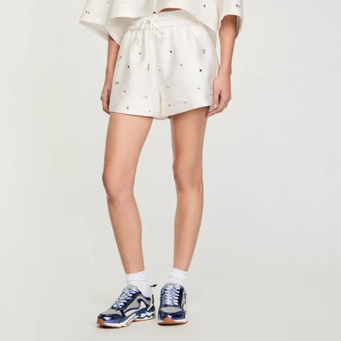 Pants and Shorts Women SANDRO Rhinestone Wideleg Shorts White