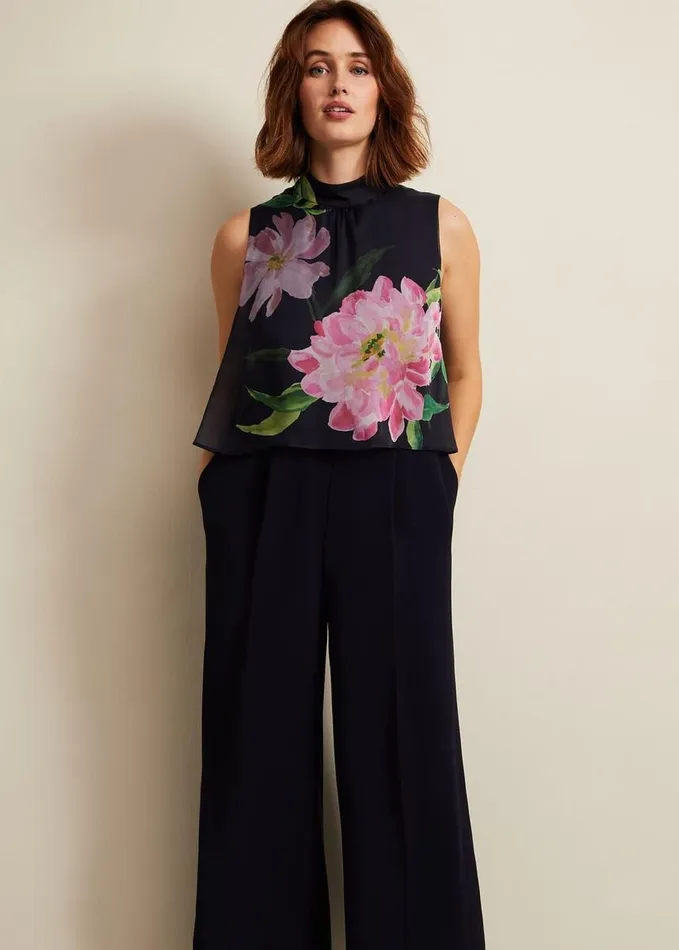 Phase Eight Agnes Floral Overlay Jumpsuit Navy Women Dresses