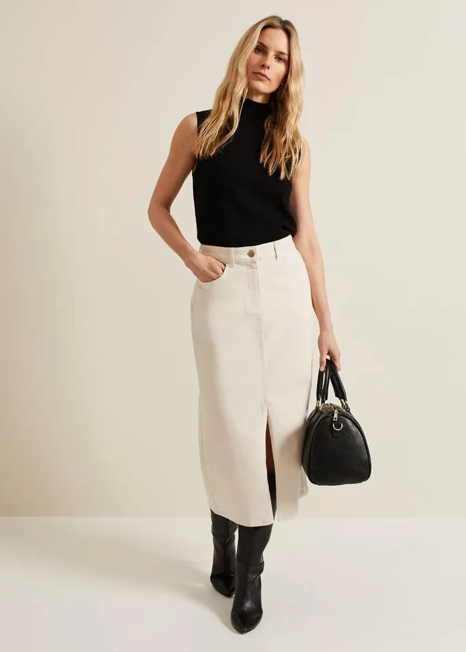 Phase Eight Amani Ecru Denim Midi Skirt Natural Women Jeans