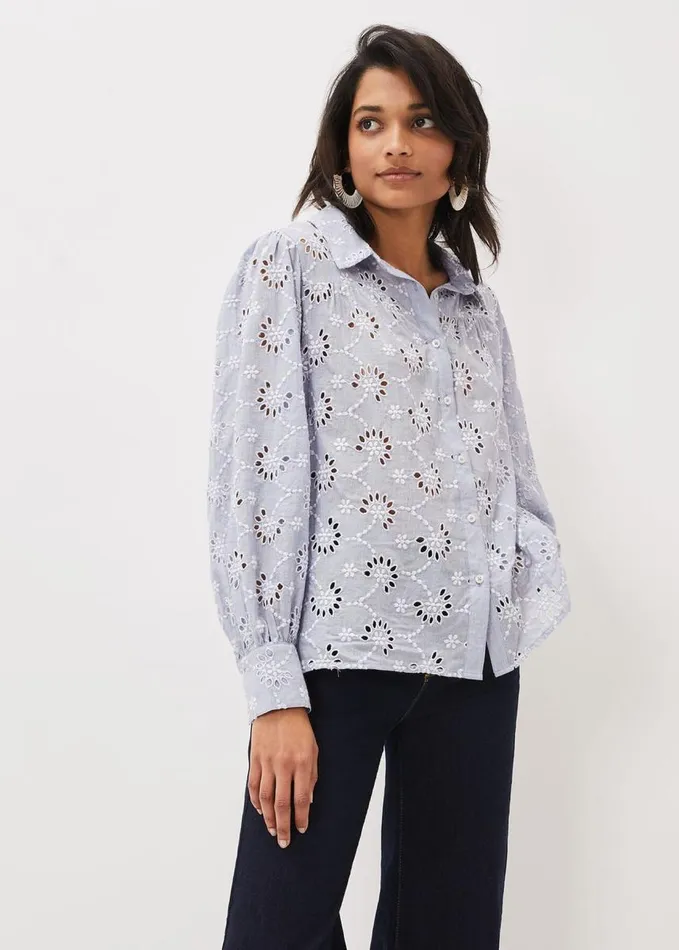 Phase Eight Amica Broderie Anglaise Blouse Chambray Women Shirts and Blouses