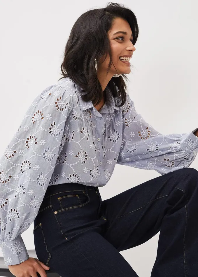 Phase Eight Amica Broderie Anglaise Blouse Chambray Women Shirts and Blouses