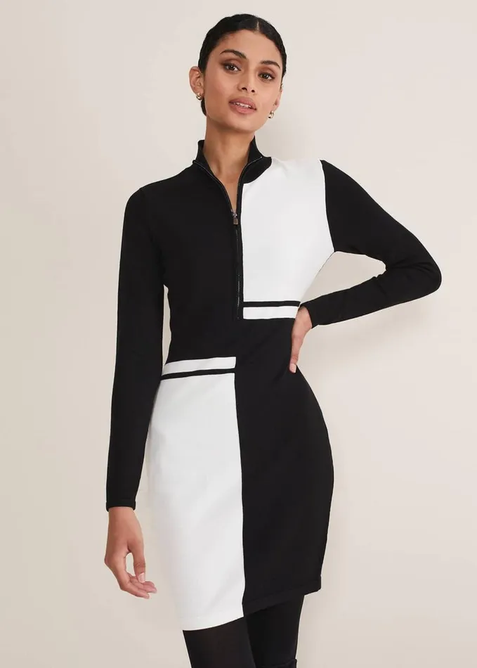 Phase Eight Arden Zip Detail Colourblock Knit Tunic Blackivory Women Dresses