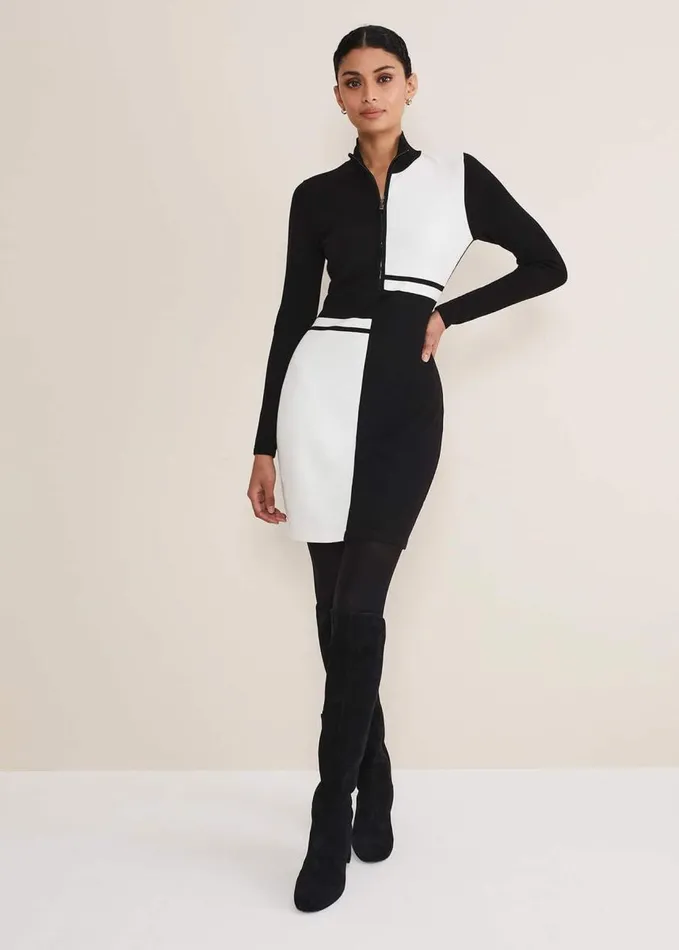 Phase Eight Arden Zip Detail Colourblock Knit Tunic Blackivory Women Dresses
