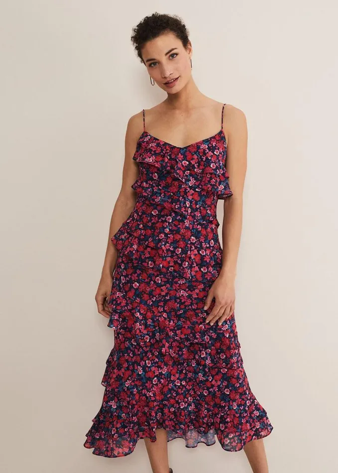 Phase Eight Ballie Floral Ruffled Midi Dress Navymulti Women Dresses