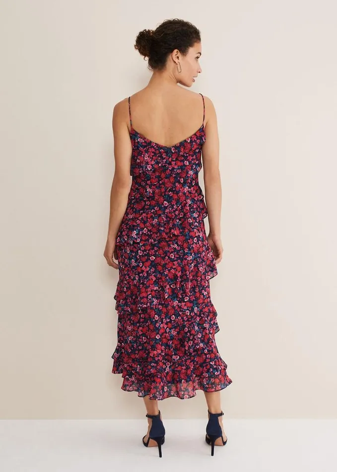 Phase Eight Ballie Floral Ruffled Midi Dress Navymulti Women Dresses