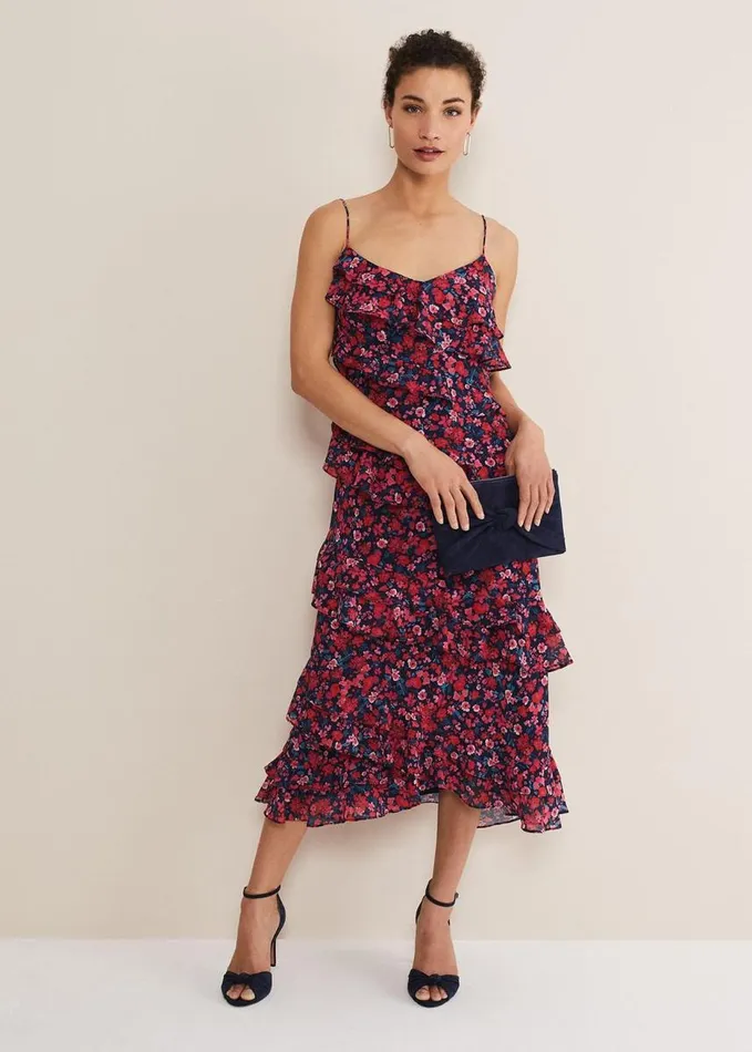 Phase Eight Ballie Floral Ruffled Midi Dress Navymulti Women Dresses