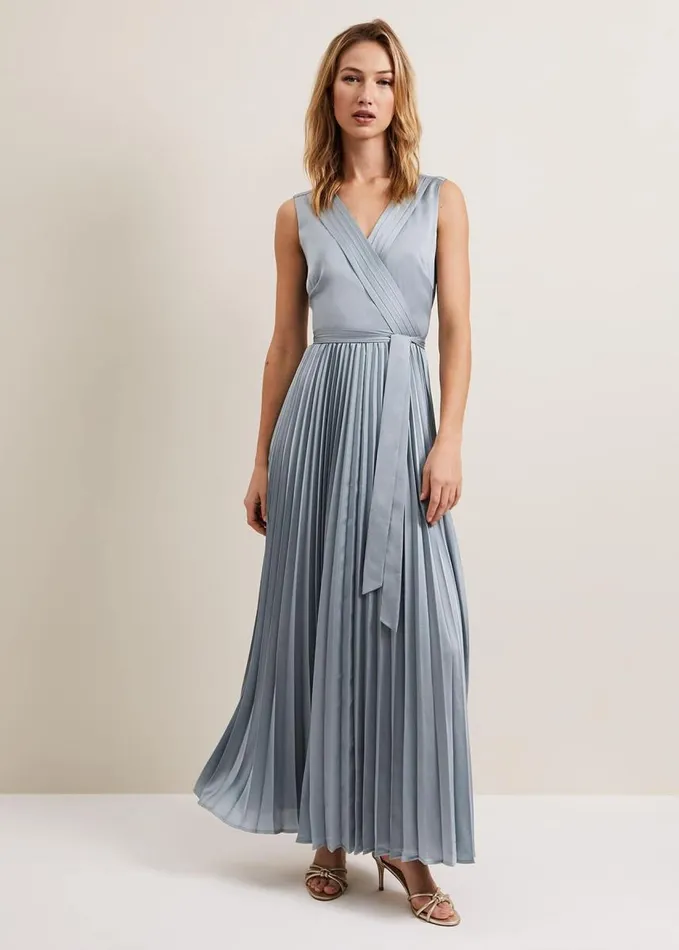Phase Eight Bonnie Pleated Wrap Satin Maxi Dress Light Green Women Dresses
