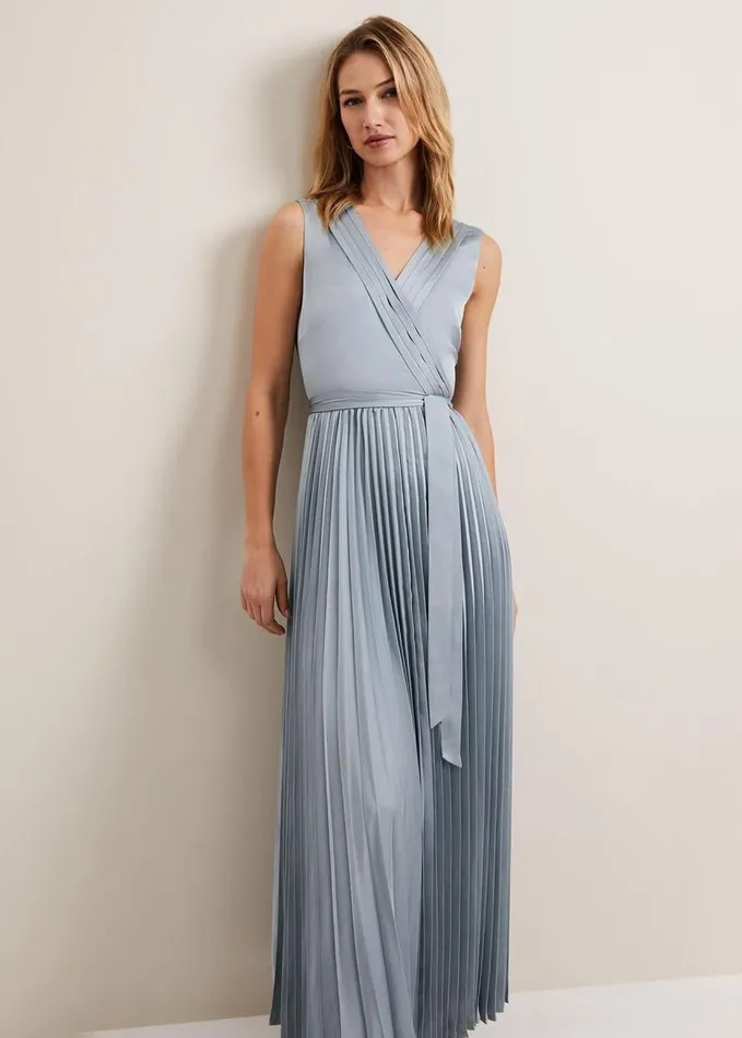 Phase Eight Bonnie Pleated Wrap Satin Maxi Dress Light Green Women Dresses
