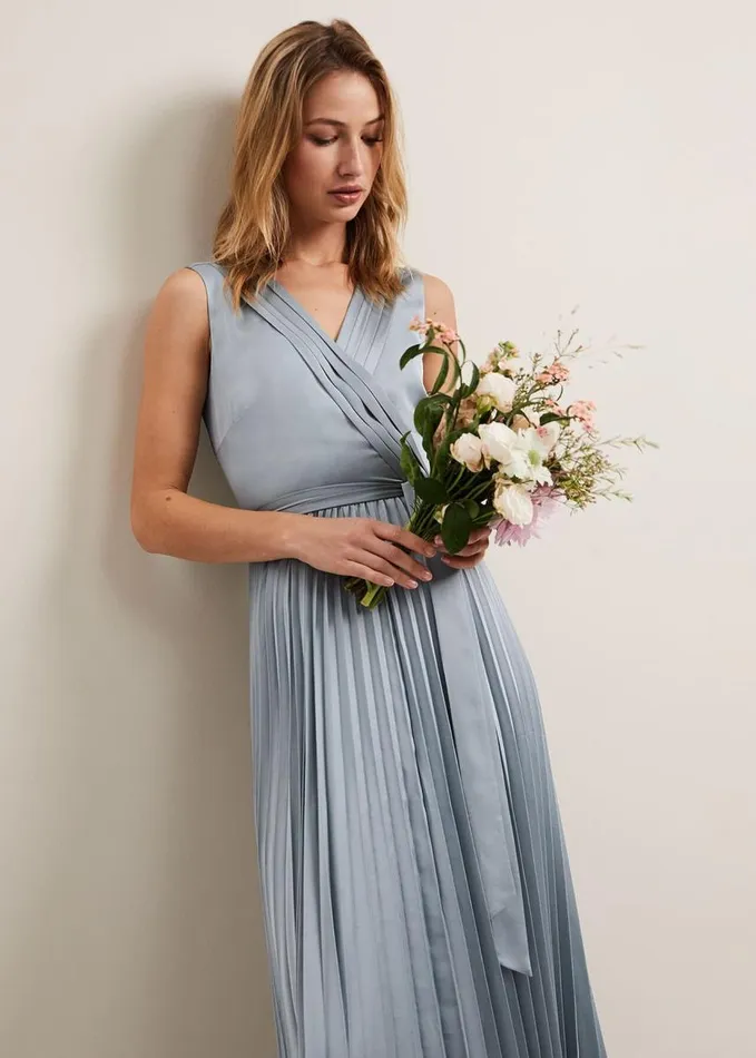 Phase Eight Bonnie Pleated Wrap Satin Maxi Dress Light Green Women Dresses