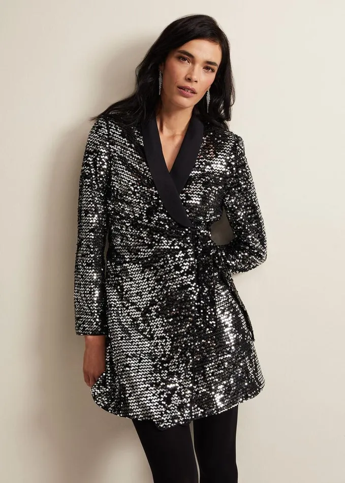 Phase Eight Brea Wrap Tuxe Sequin Dress Black Women Dresses