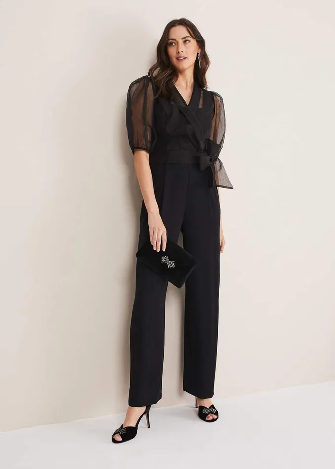 Phase Eight Brontie Puff Sleeve Wide Leg Jumpsuit Black Women Dresses
