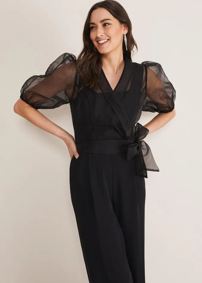 Phase Eight Brontie Puff Sleeve Wide Leg Jumpsuit Black Women Dresses