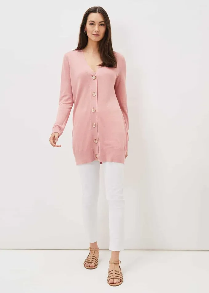 Phase Eight Camille Linen Longline Cardigan Pale Pink Women Knitwear