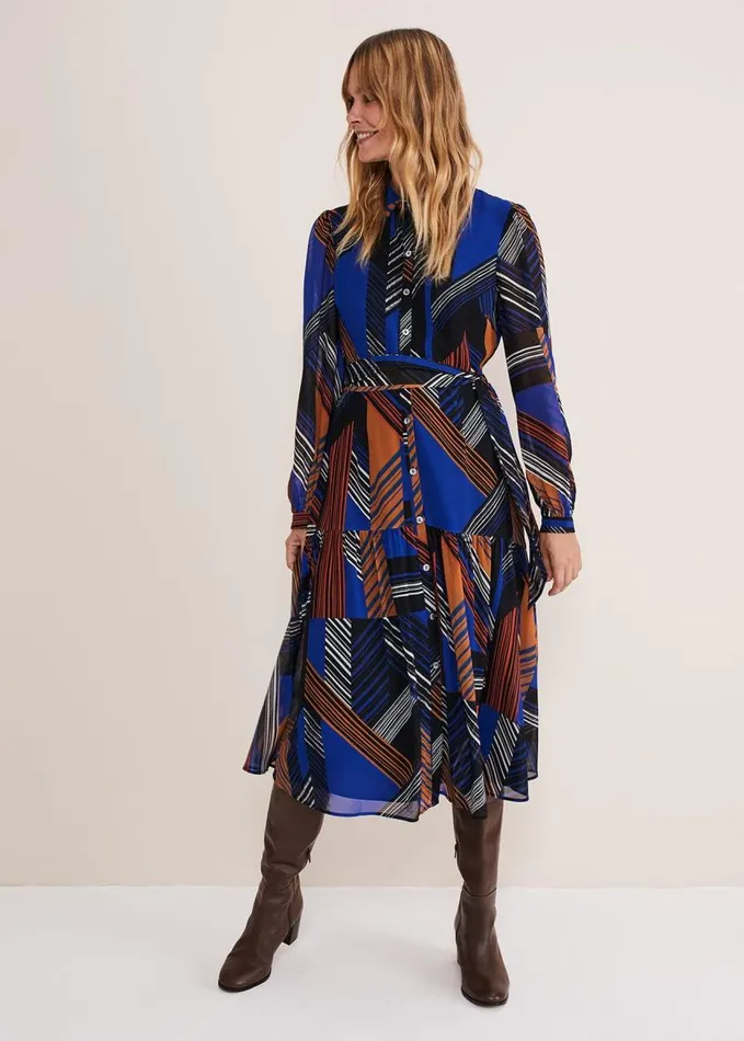 Phase Eight Chantilly Chiffon Shirt Dress Ochrebluewhite Women Dresses
