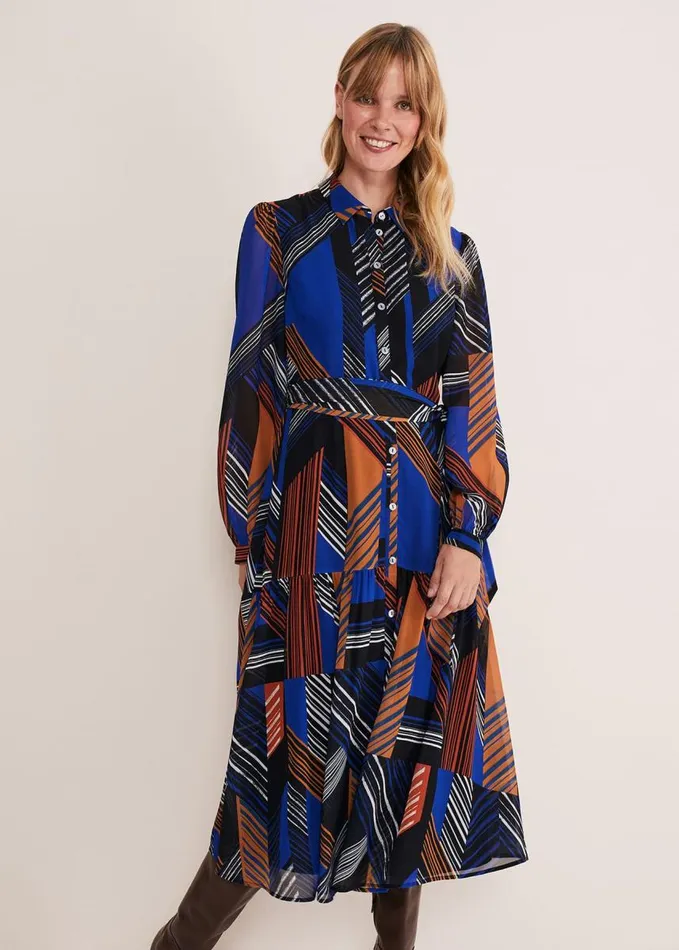 Phase Eight Chantilly Chiffon Shirt Dress Ochrebluewhite Women Dresses