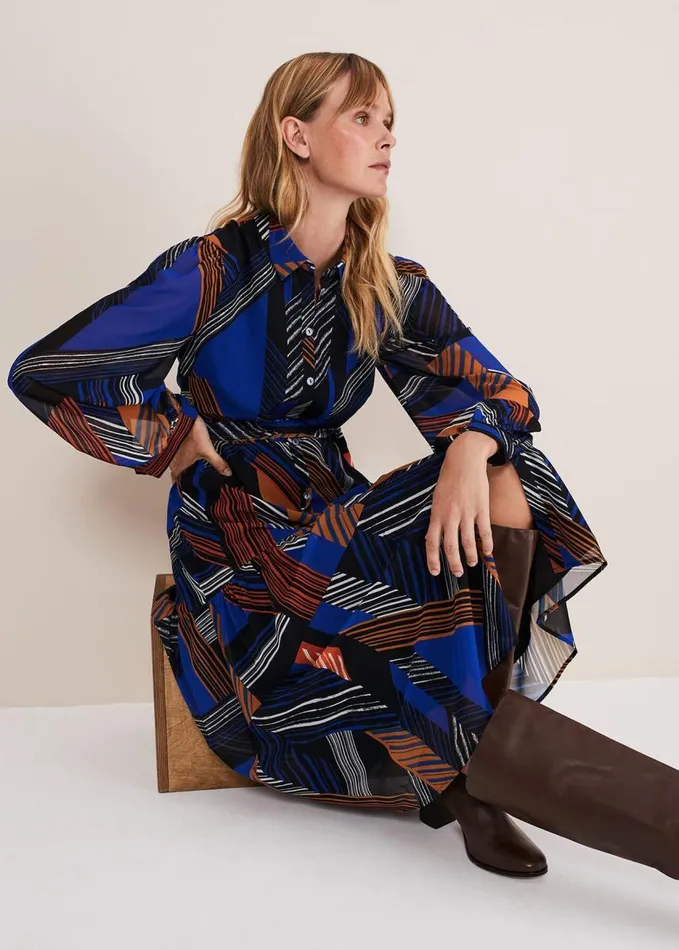Phase Eight Chantilly Chiffon Shirt Dress Ochrebluewhite Women Dresses