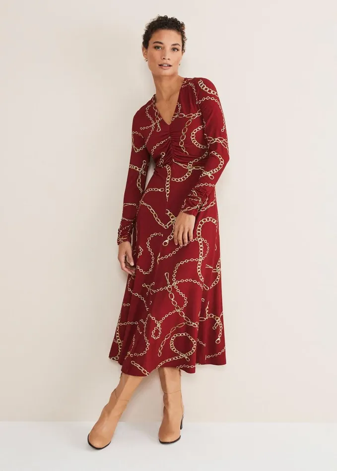Phase Eight Cheska Chain Print Ruched Midi Dress Dark Red Women Dresses