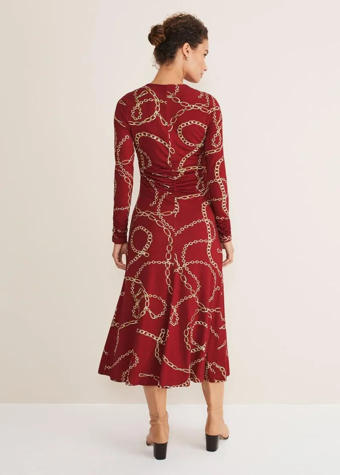 Phase Eight Cheska Chain Print Ruched Midi Dress Dark Red Women Dresses