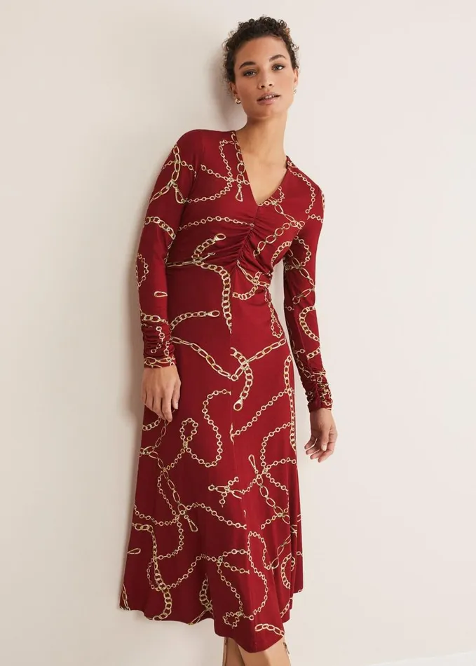 Phase Eight Cheska Chain Print Ruched Midi Dress Dark Red Women Dresses