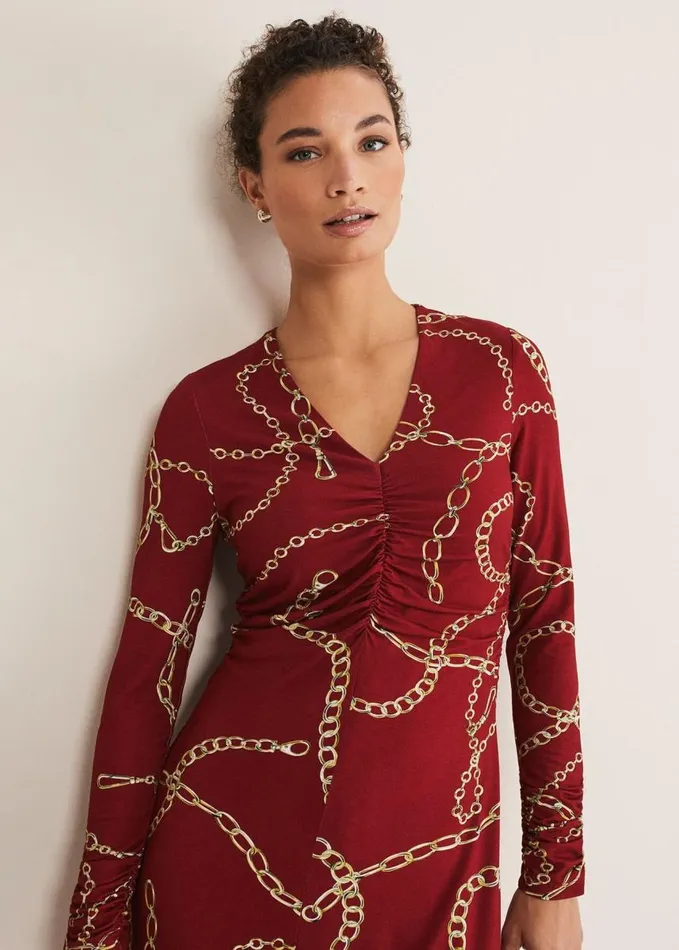 Phase Eight Cheska Chain Print Ruched Midi Dress Dark Red Women Dresses