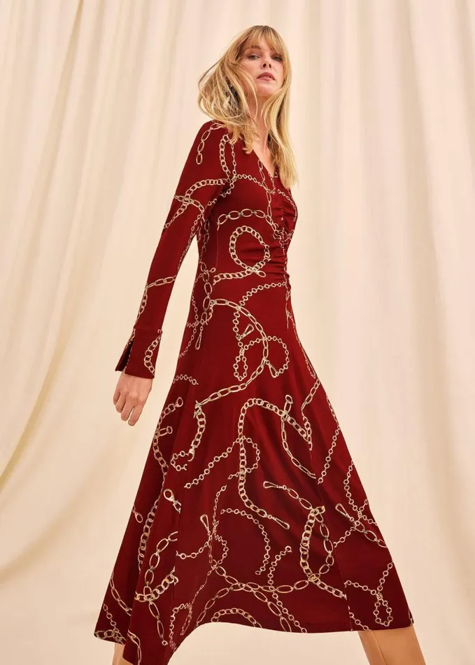 Phase Eight Cheska Chain Print Ruched Midi Dress Dark Red Women Dresses