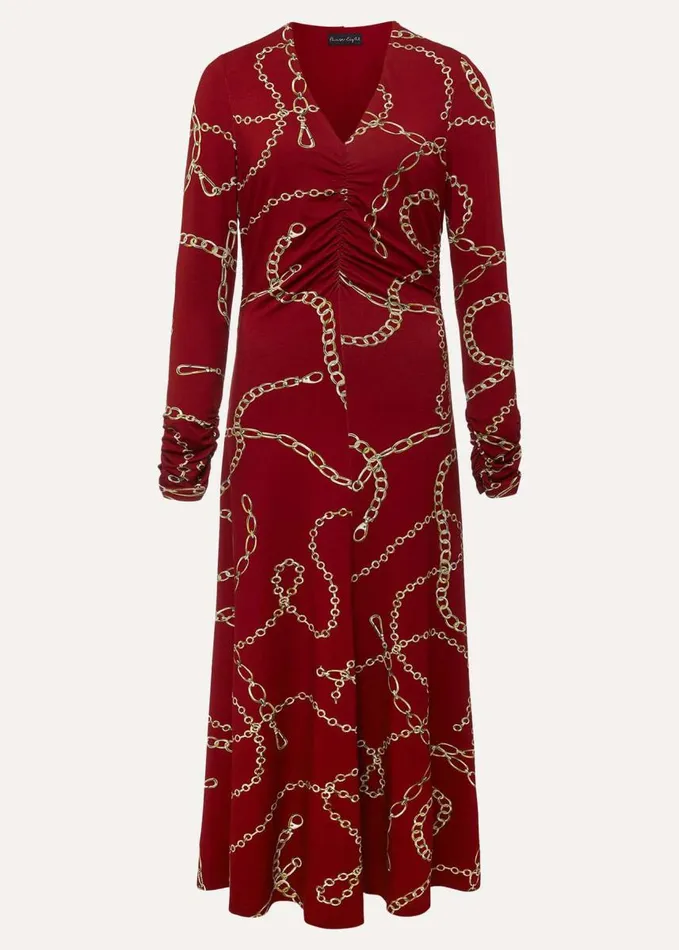 Phase Eight Cheska Chain Print Ruched Midi Dress Dark Red Women Dresses